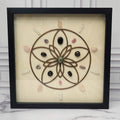 Love crystal grid in a black glass-front shadow box, front view